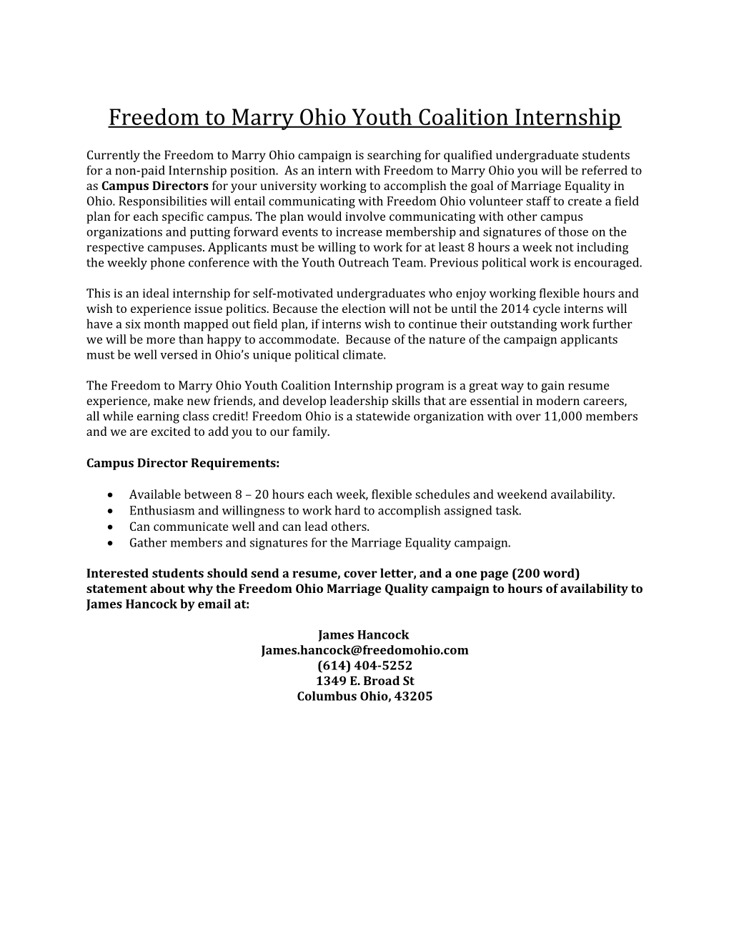 Freedom to Marry Ohio Youth Coalition Internship