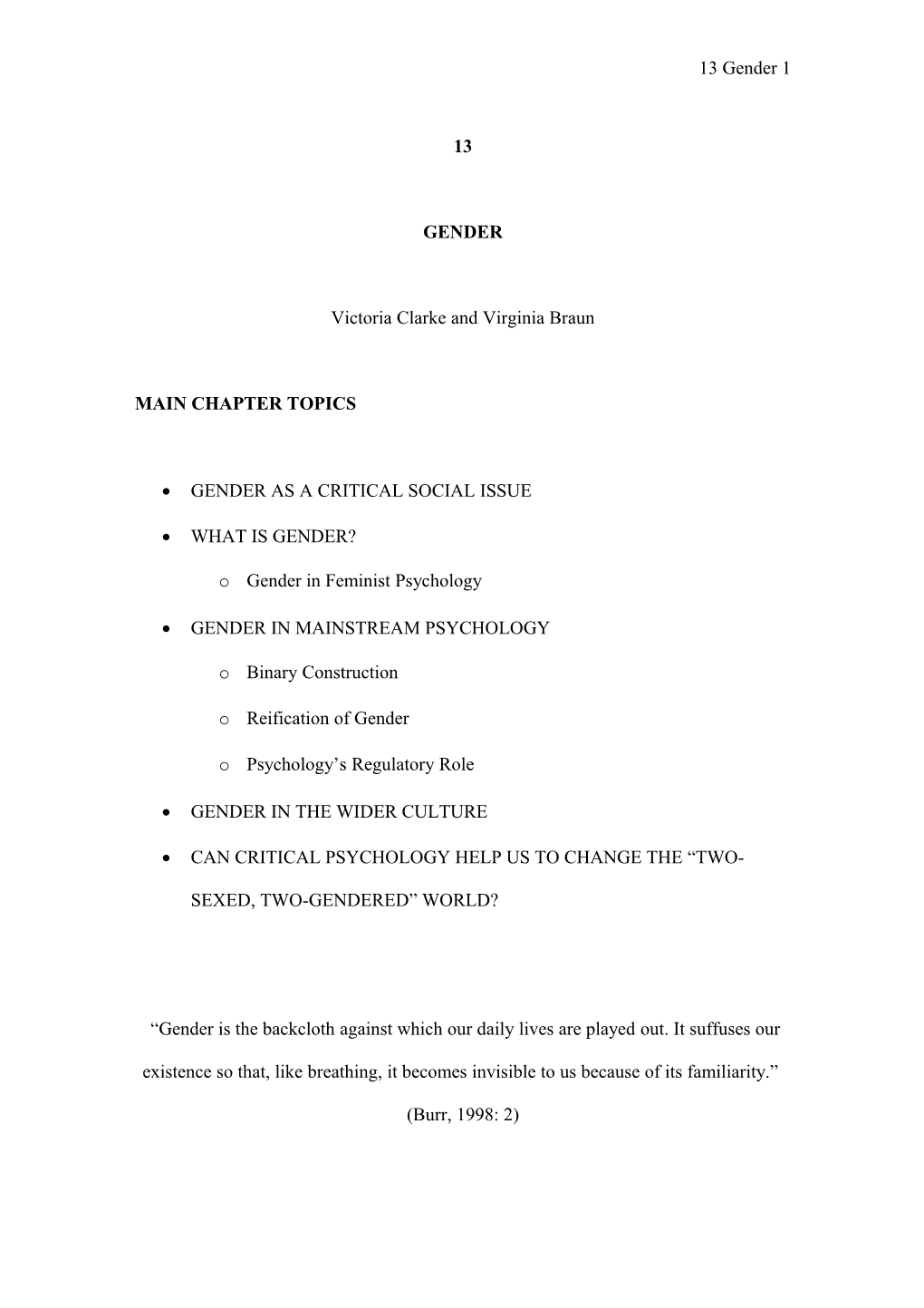 Possible Outline for a Critical Psychology Book Chapter on Sex, Gender and Sexuality