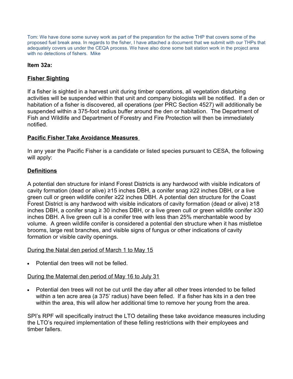 Pacific Fisher Take Avoidance Measures