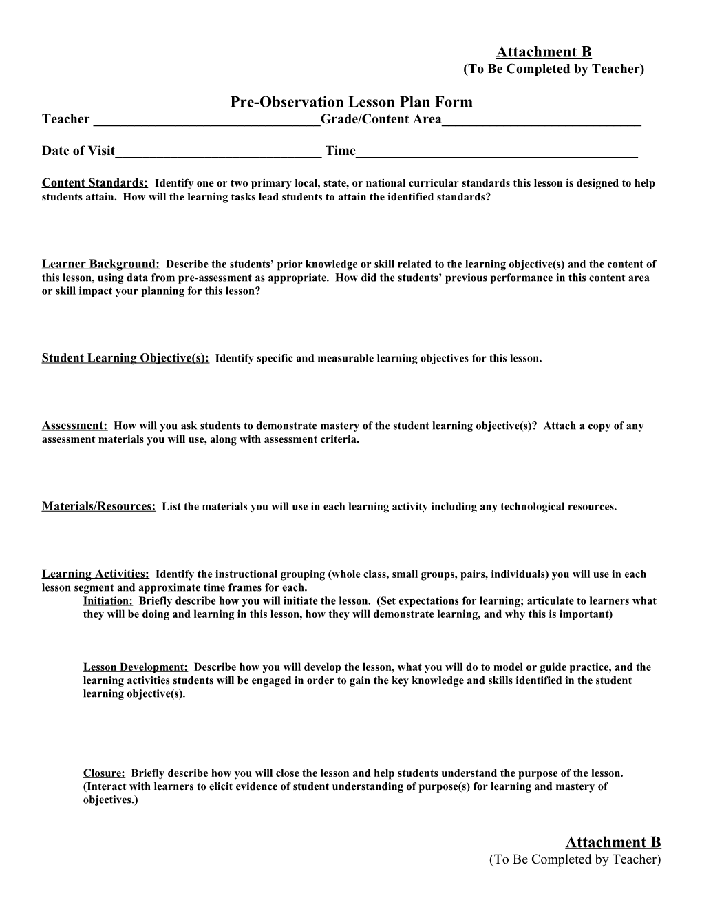 Pre-Observation Lesson Plan Form