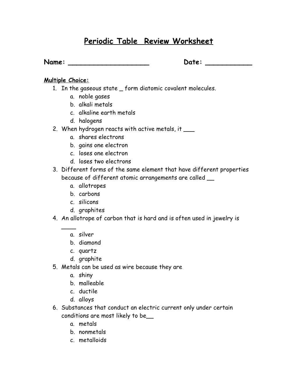 Chapter 20 Review Worksheet