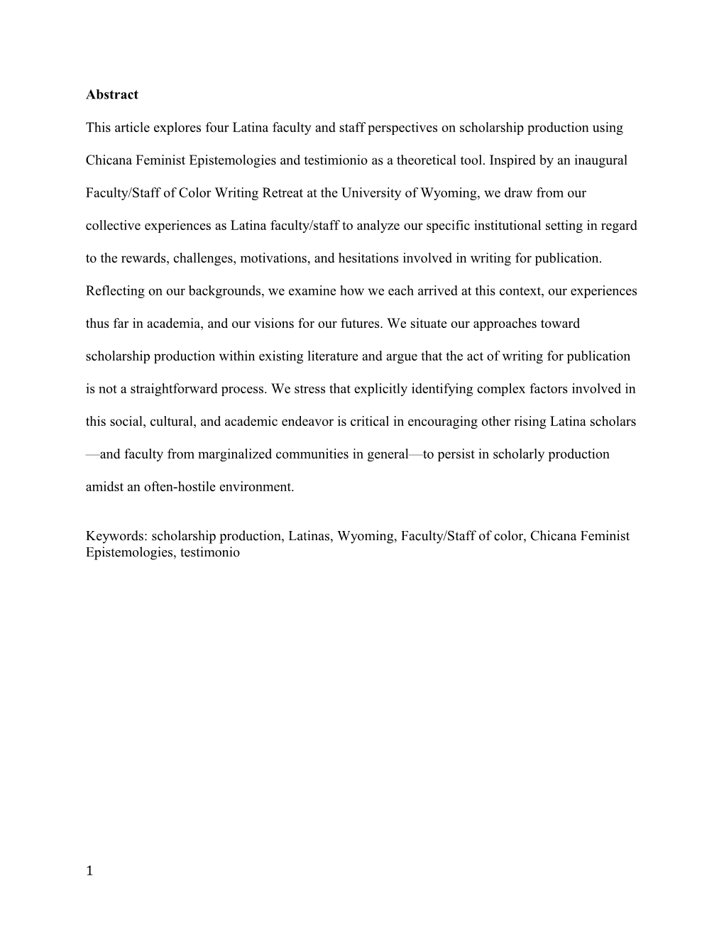 Latina Faculty/Staff Testimonios on Scholarly Production