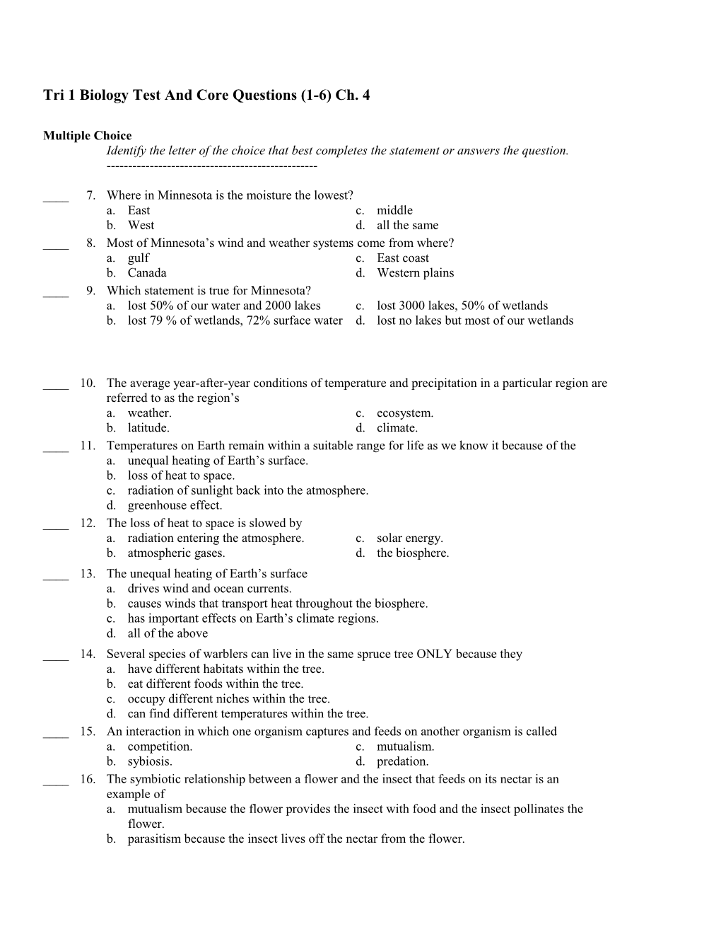 Tri 1 Biology Test and Core Questions (1-6) Ch