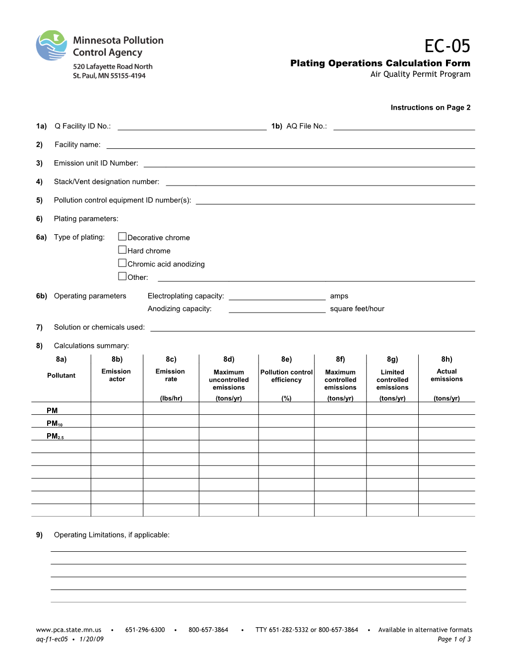 EC-05 Plating Operations Calculation Form - Air Quality Permit Program