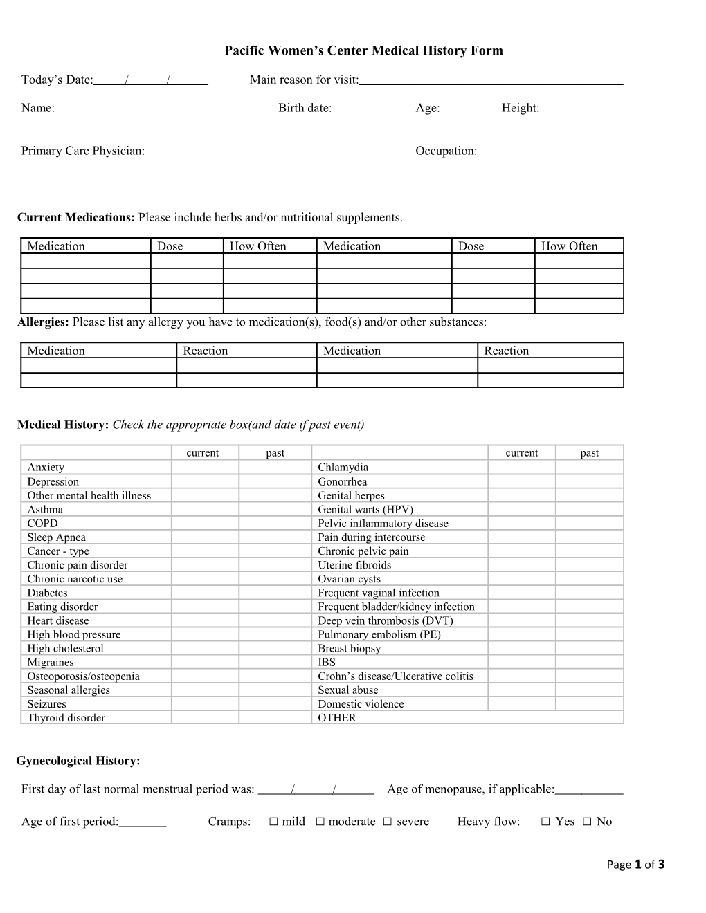 Pacific Women S Centermedical History Form