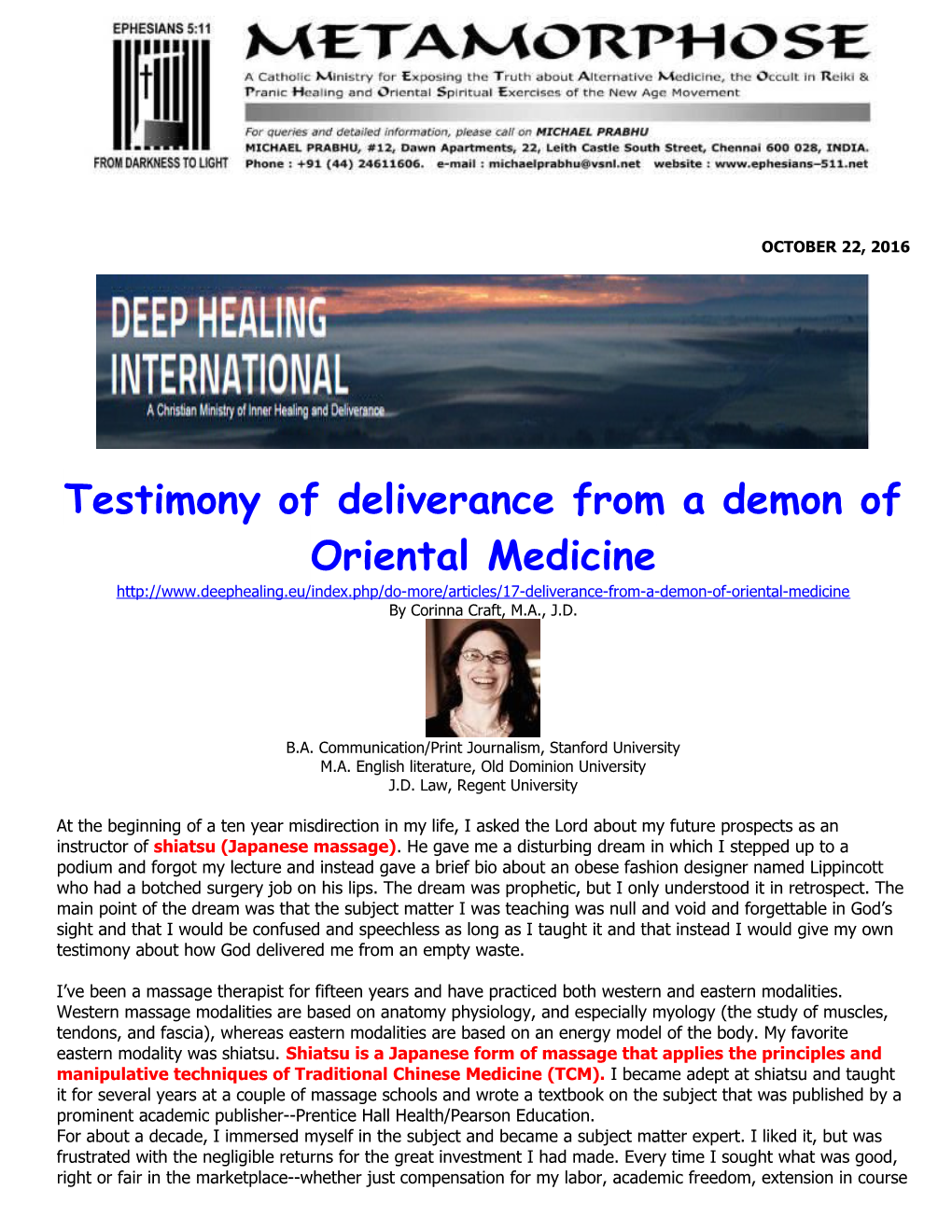 Testimony of Deliverance from a Demon of Oriental Medicine