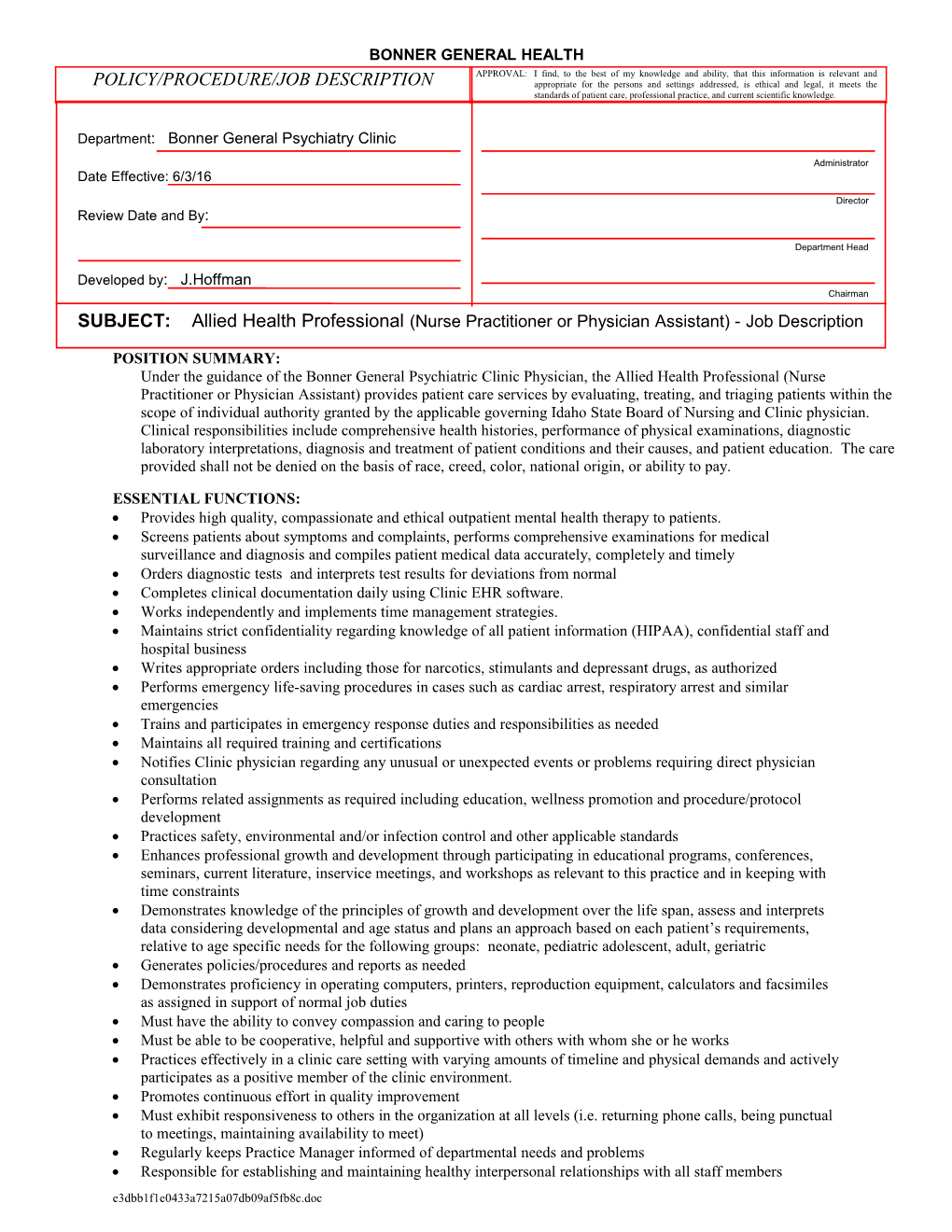 Subject:Allied Health Professional (Nurse Practitioner Or Physician Assistant) - Clinic