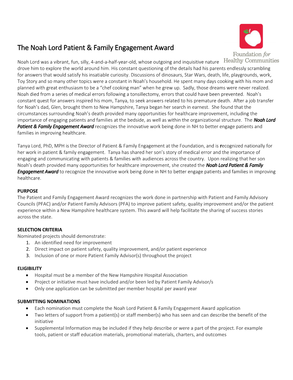 The Noah Lord Patient Family Engagement Award