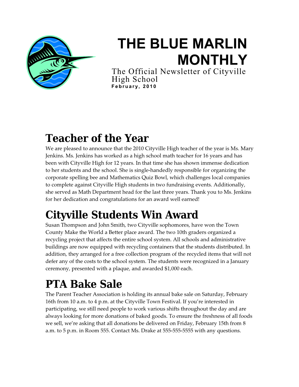The Official Newsletter of Cityville High School