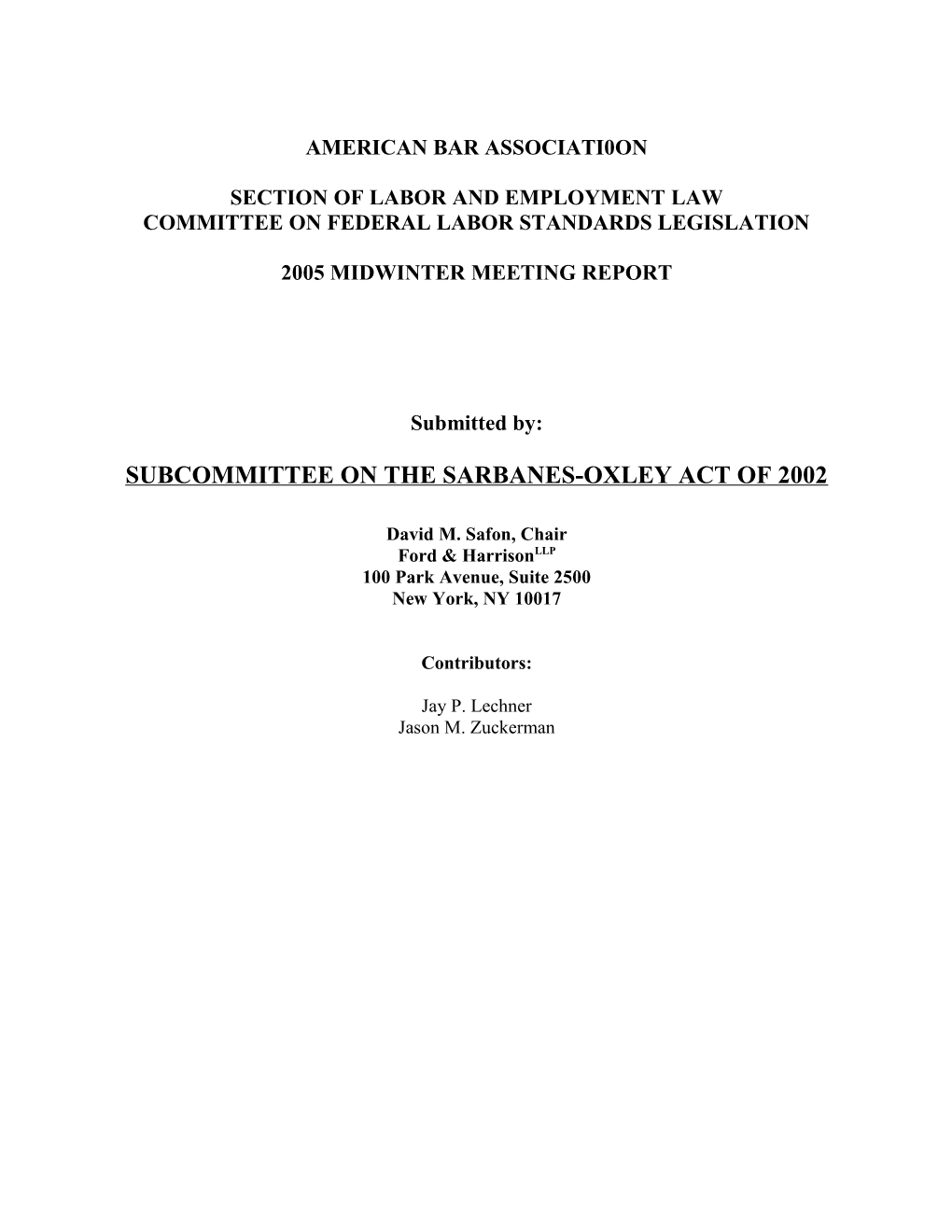 Report of Subcommittee on The