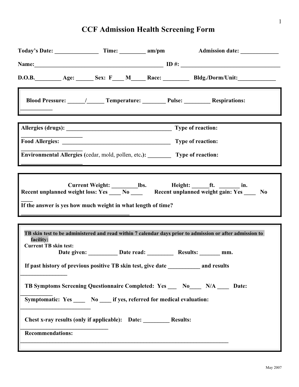 CCF Admission Health Screening Form