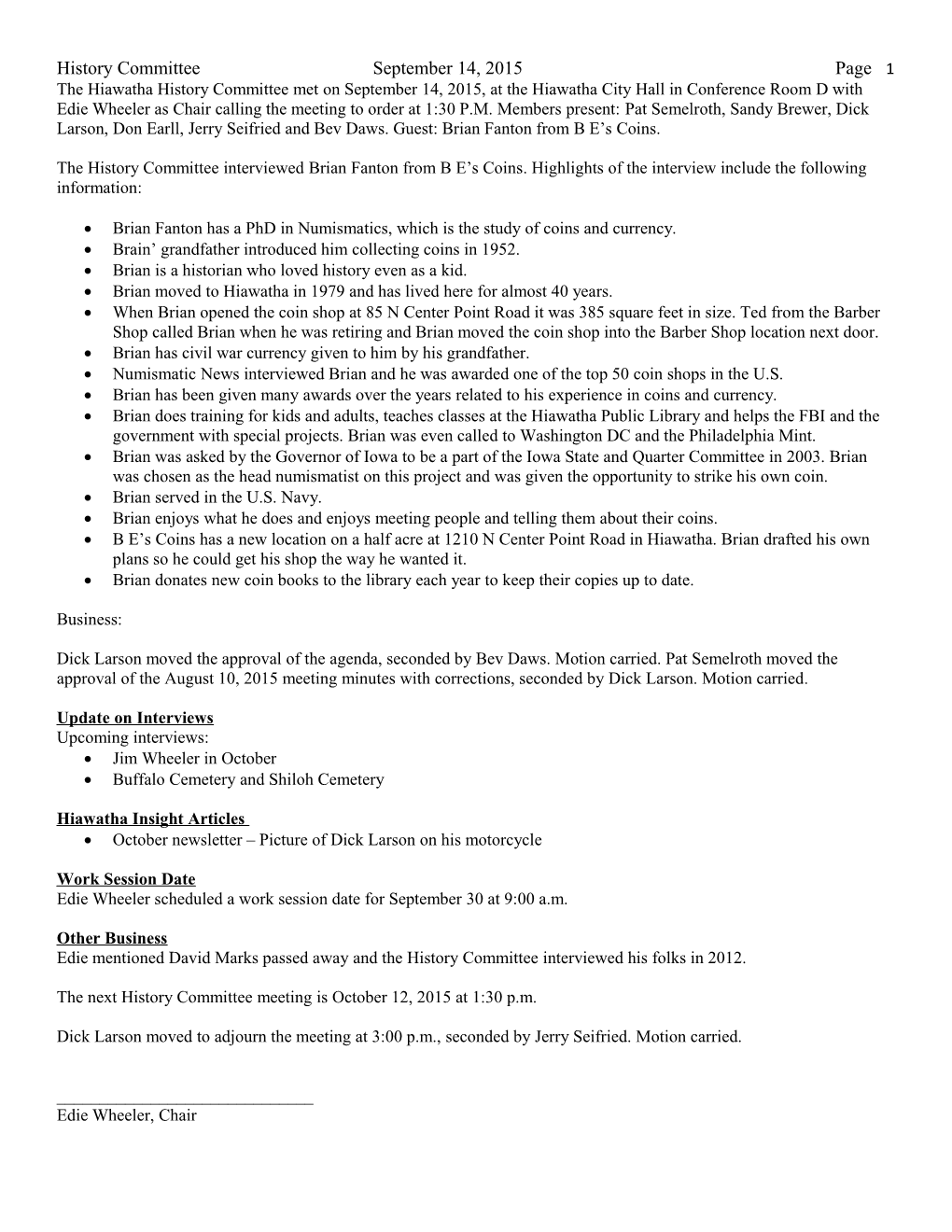 History Committee September 14, 2015 Page 1