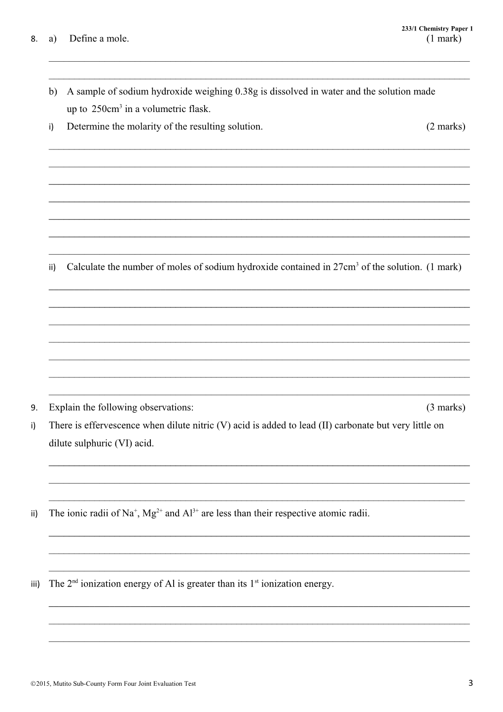 233/1 Chemistry Paper 1