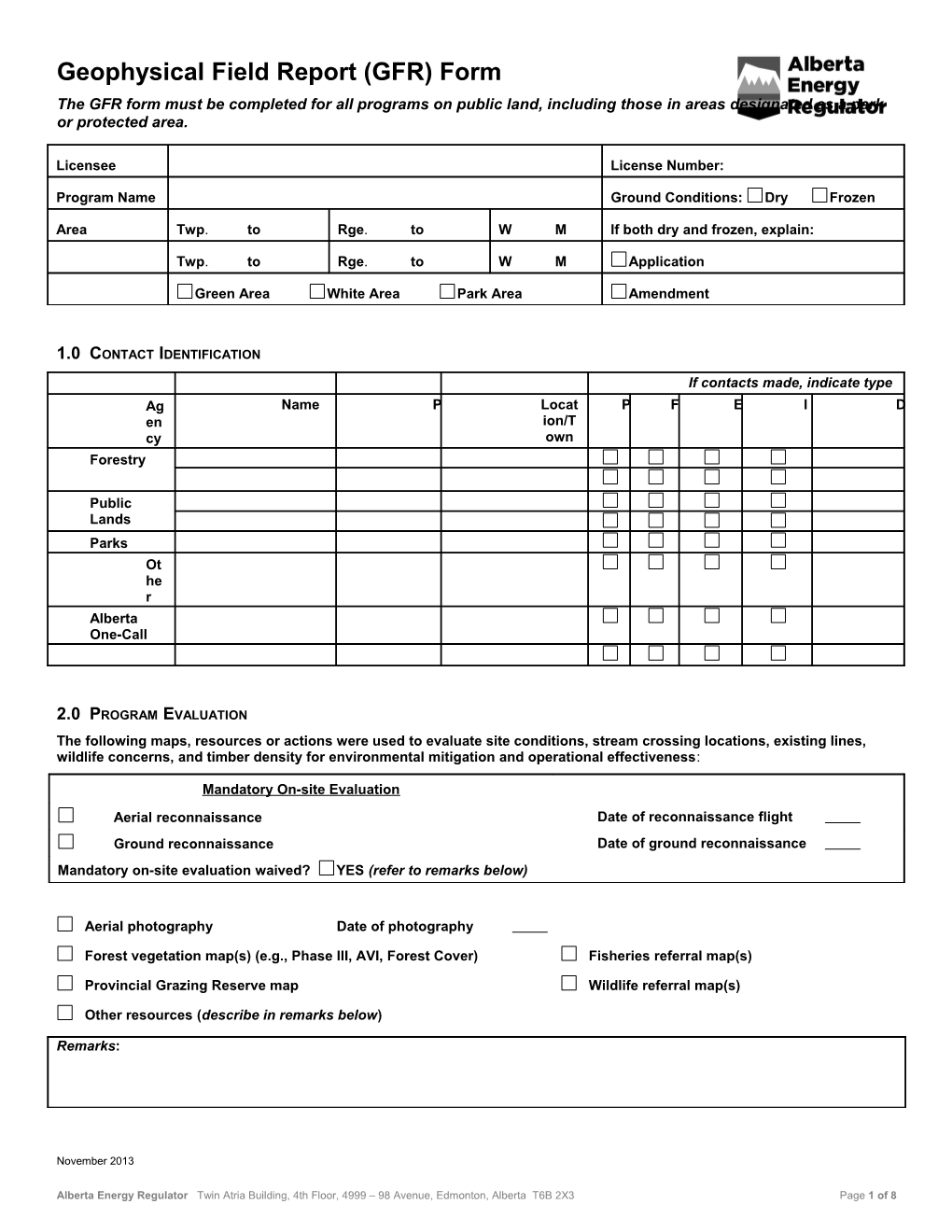 Geophysical Field Report Form