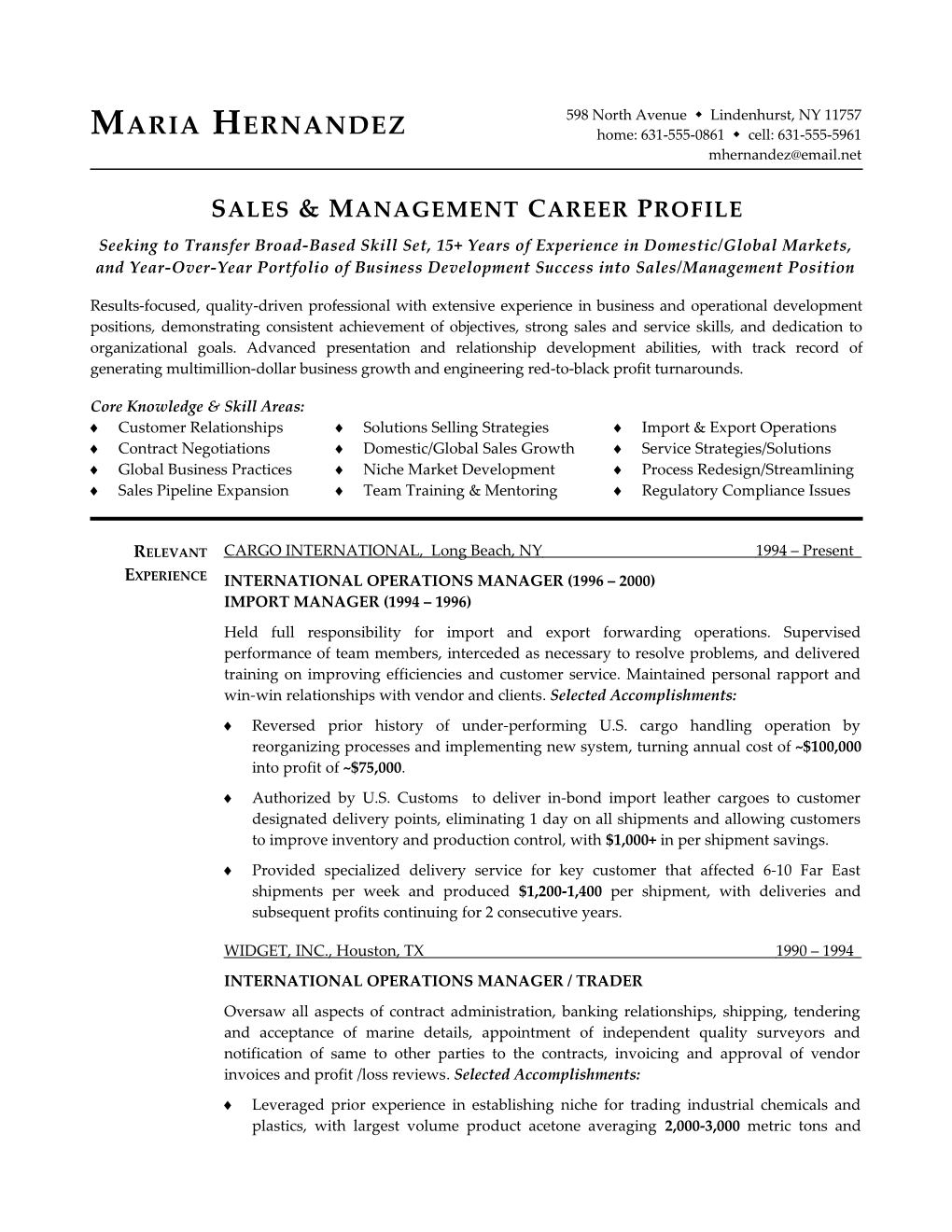 Sales & Management Career Profile