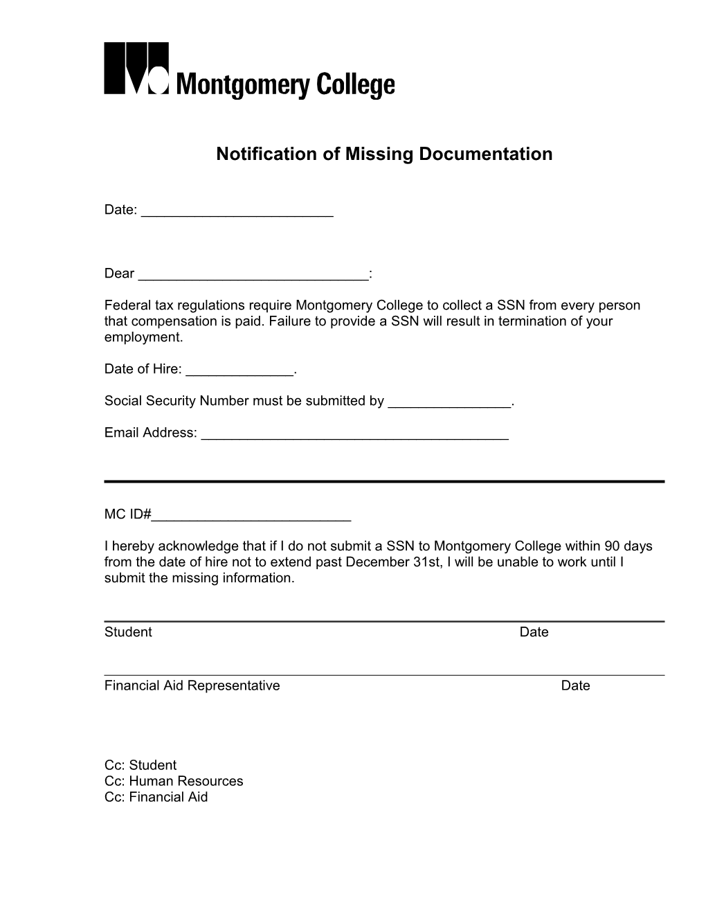 Notification of Missing Documentation