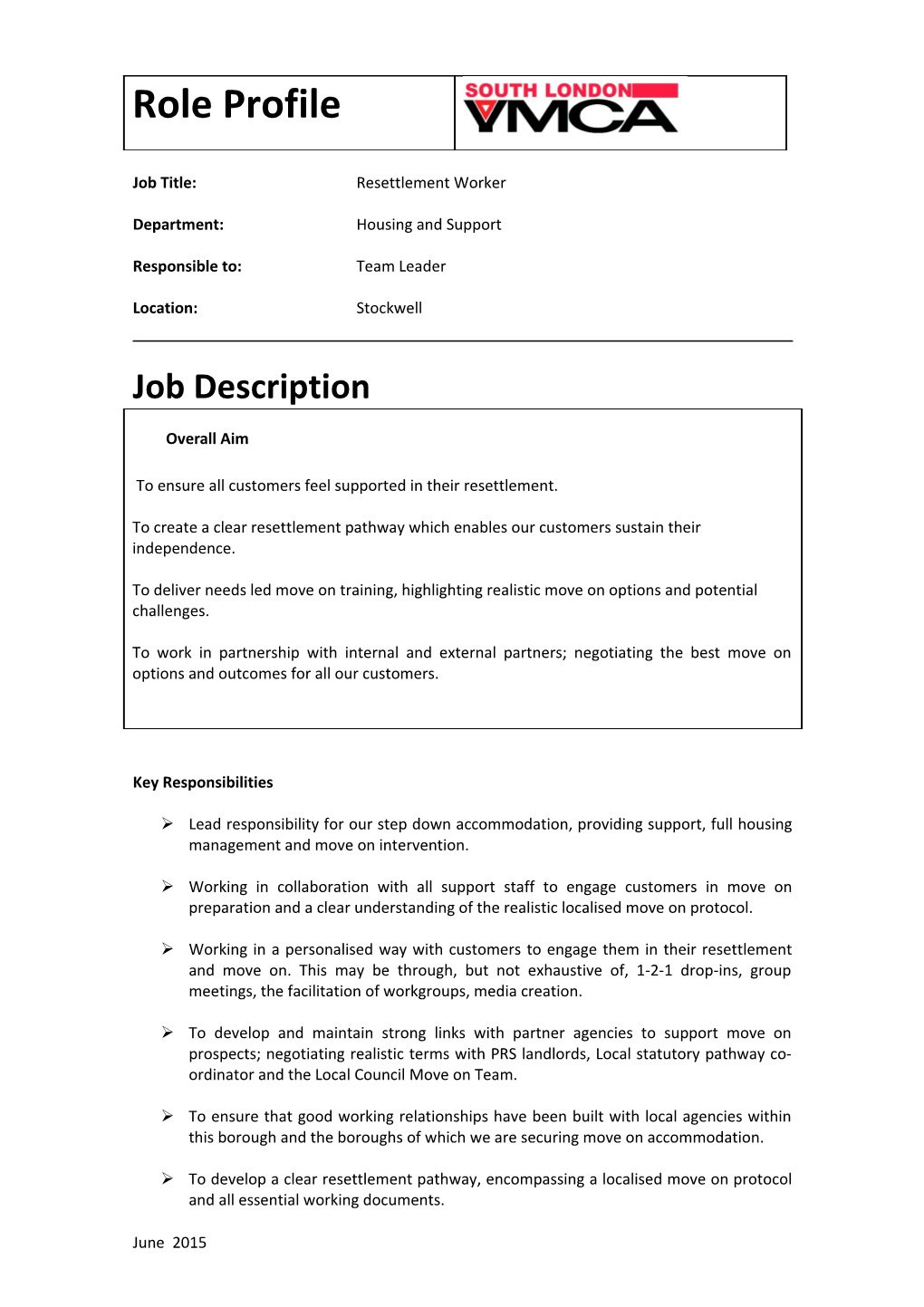 Job Title:Resettlement Worker