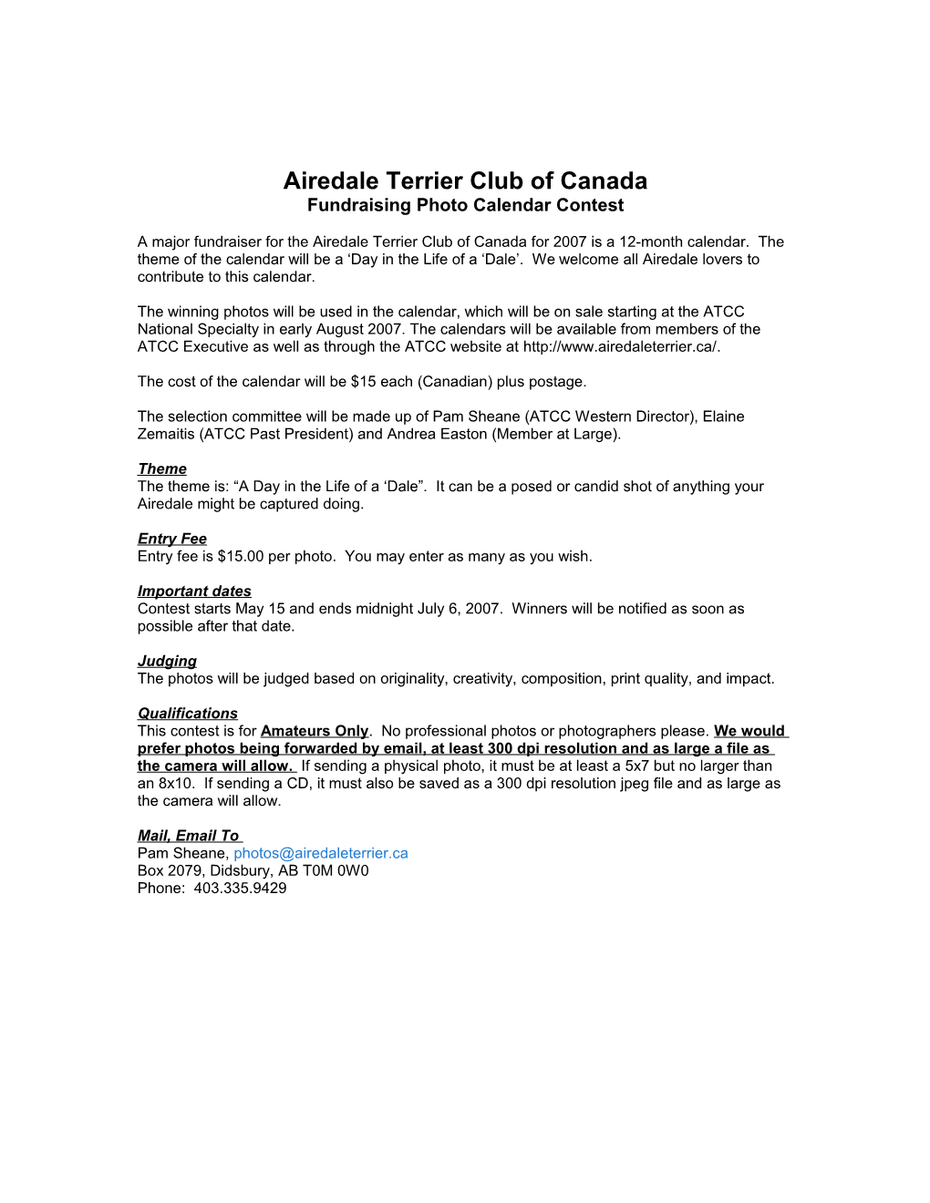 Airedale Terrier Club of Canada - Photo Contest Entry Form