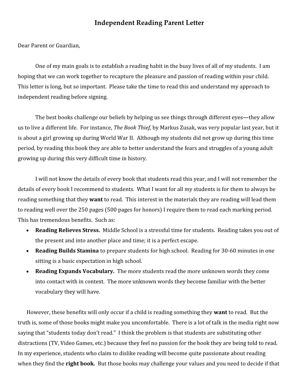 Independent Reading Parent Letter