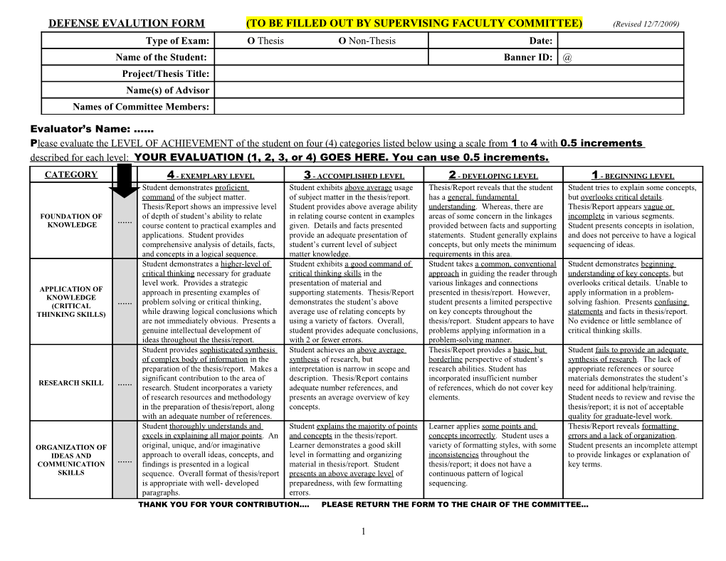 DEFENSE EVALUTION FORM (TO BE FILLED out by SUPERVISING FACULTY COMMITTEE) (Revised 12/7/2009)