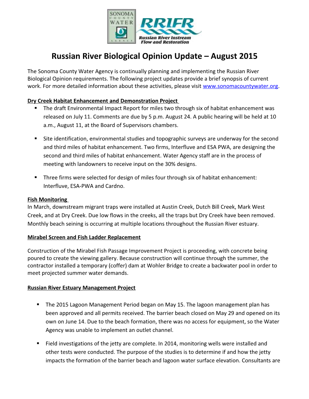 Russian River Biological Opinion Update August 2015