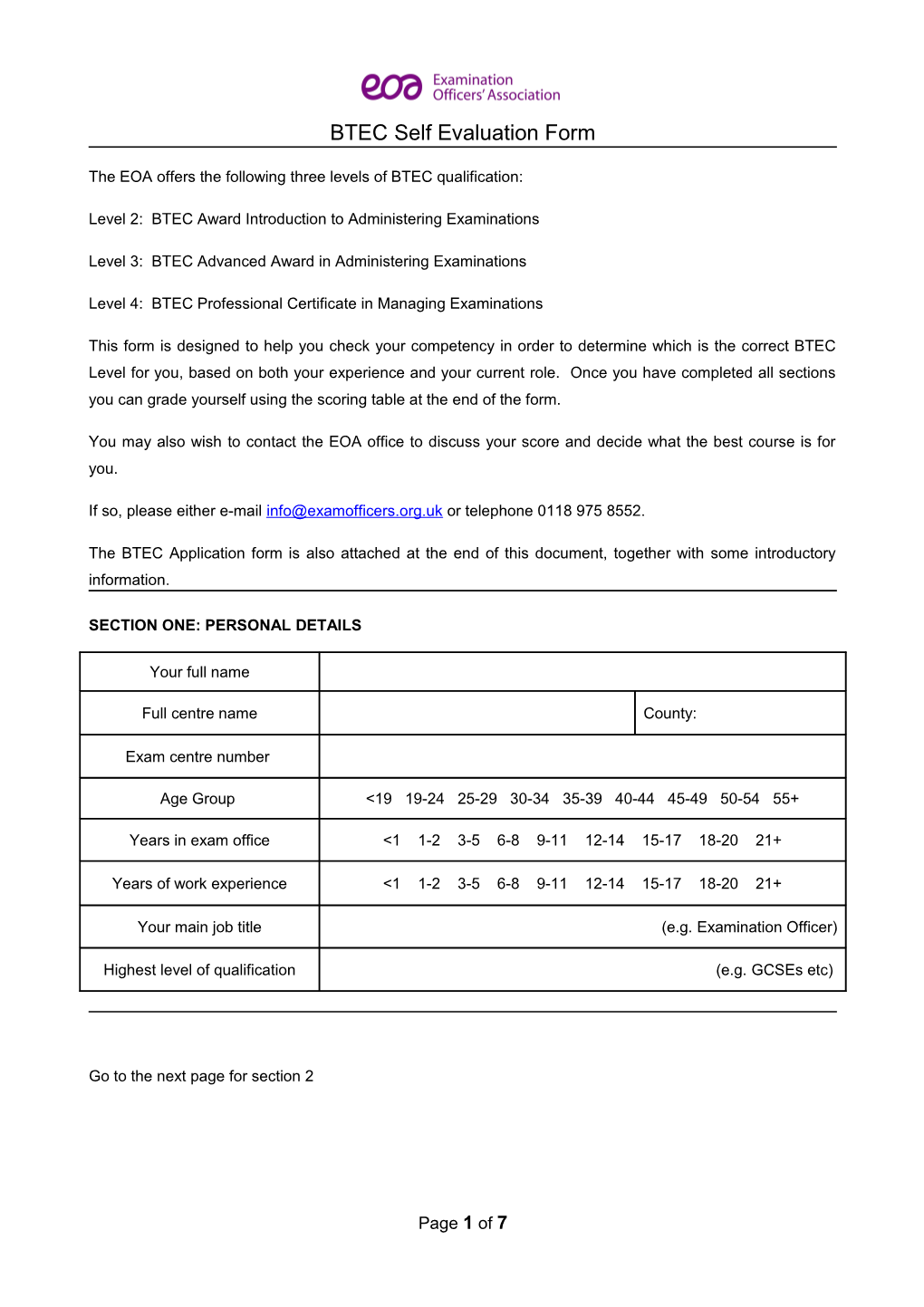 This Form Should Only Be Used in Conjunction with the Examination Officers Association