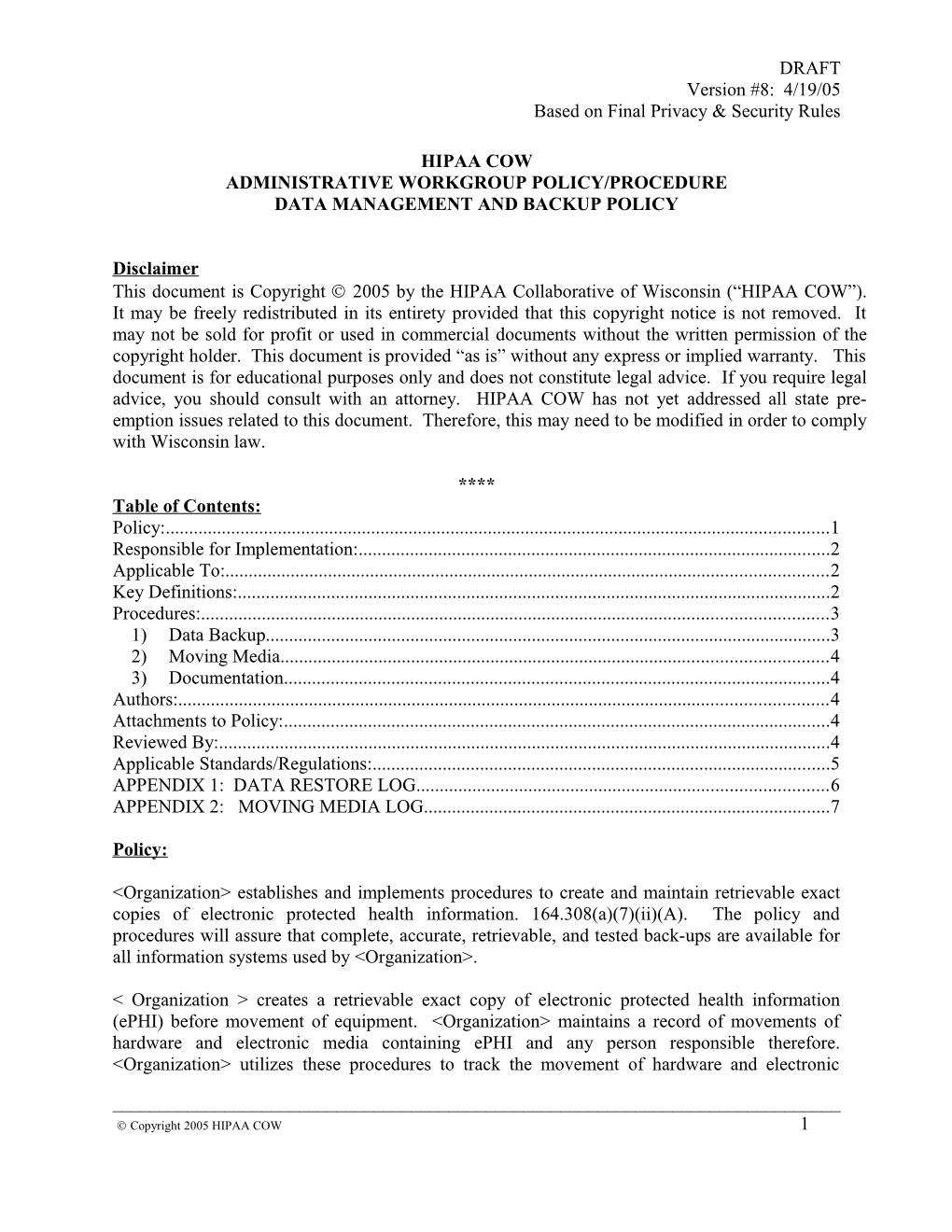 MHC HIPAA Policy Format