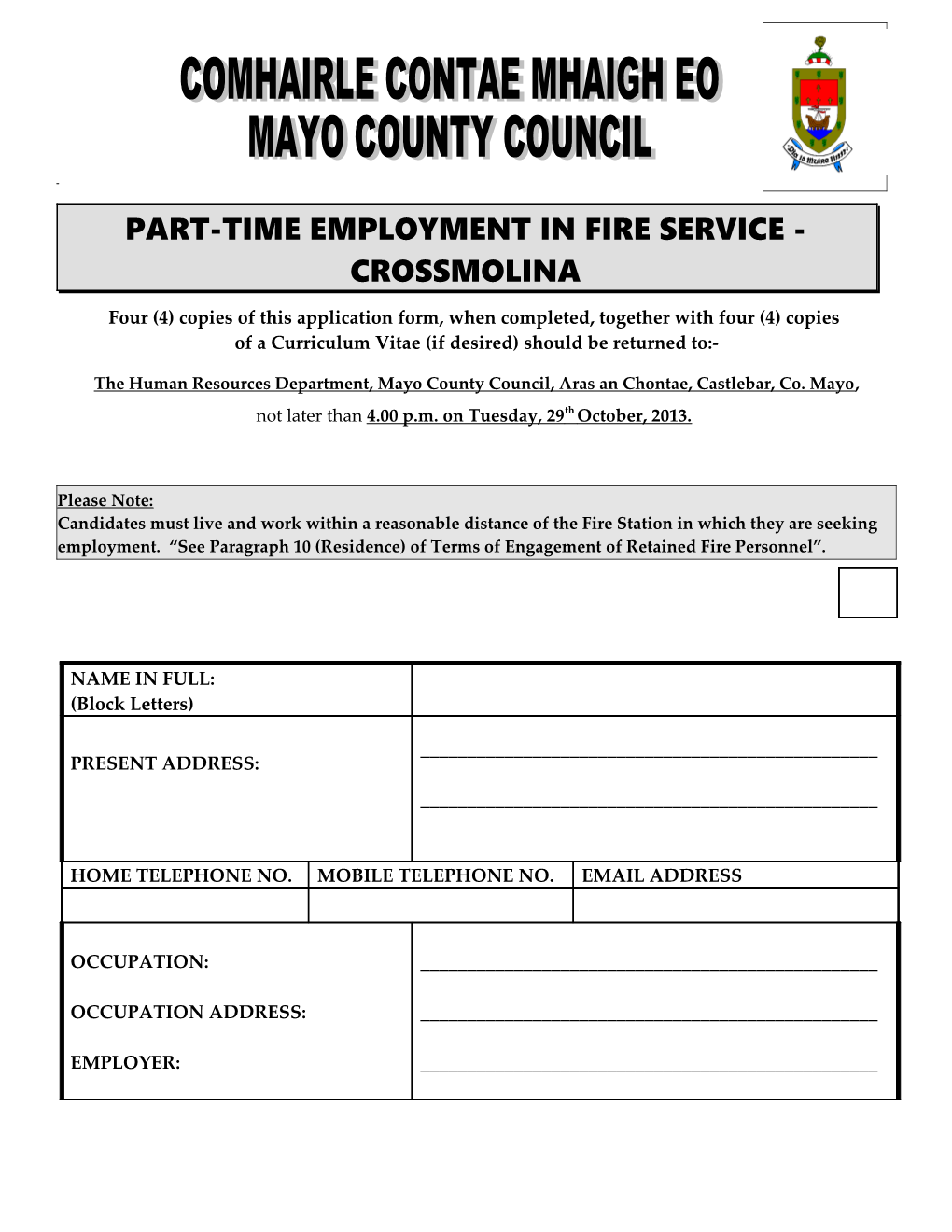 Part-Time Employment in Fire Service - Crossmolina