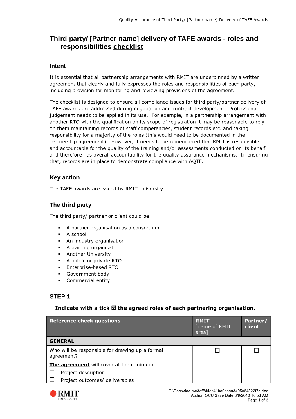 Section B: Nominating the Roles Each Organisation Will Be Responsible for in a Partnership