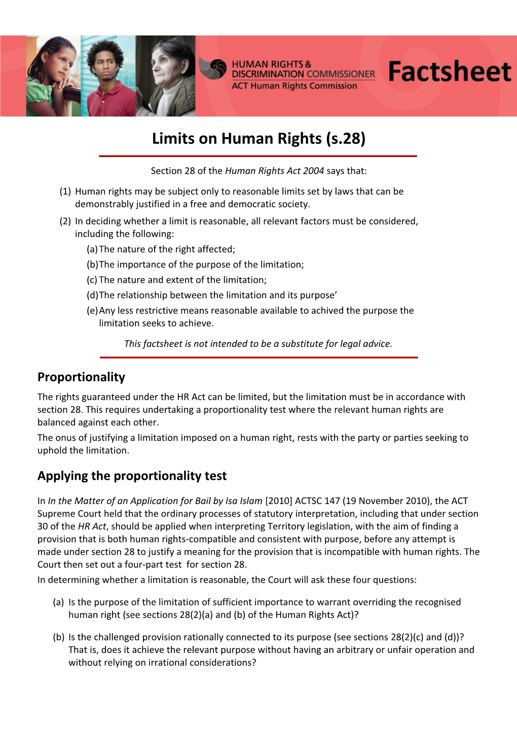 Section 28 of the Human Rights Act 2004 Says That
