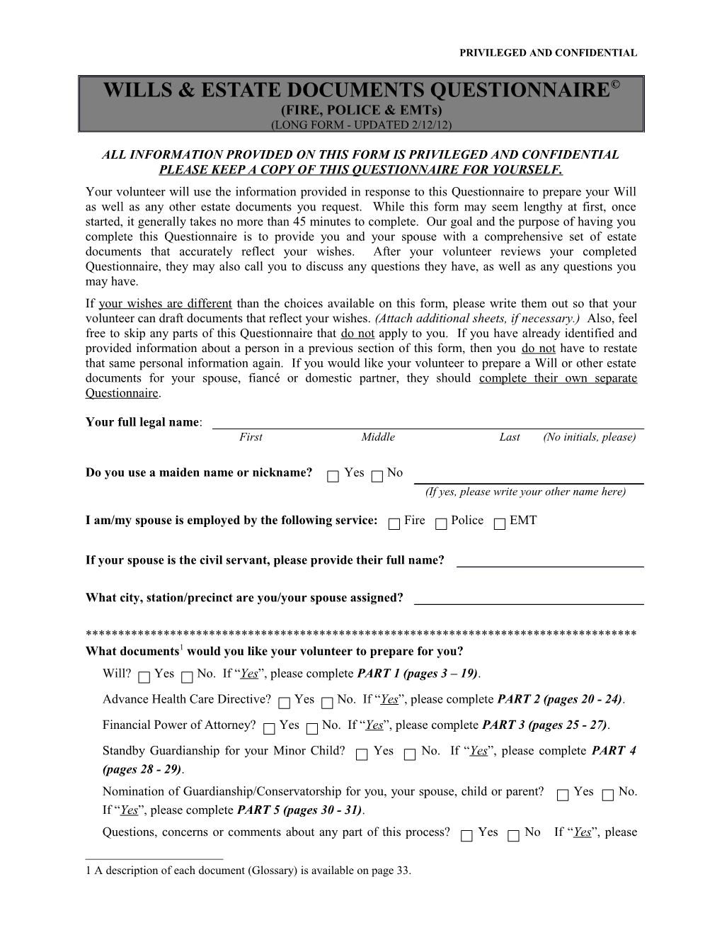 Wills & Estate Documents Questionnaire