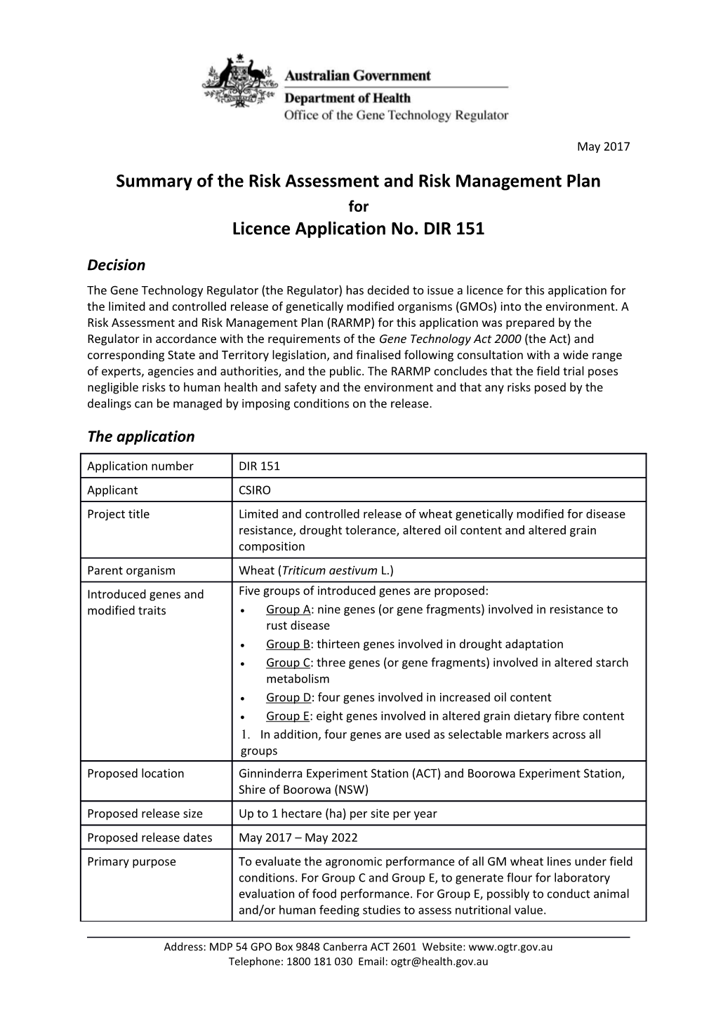 DIR 151 Summary of RARMP