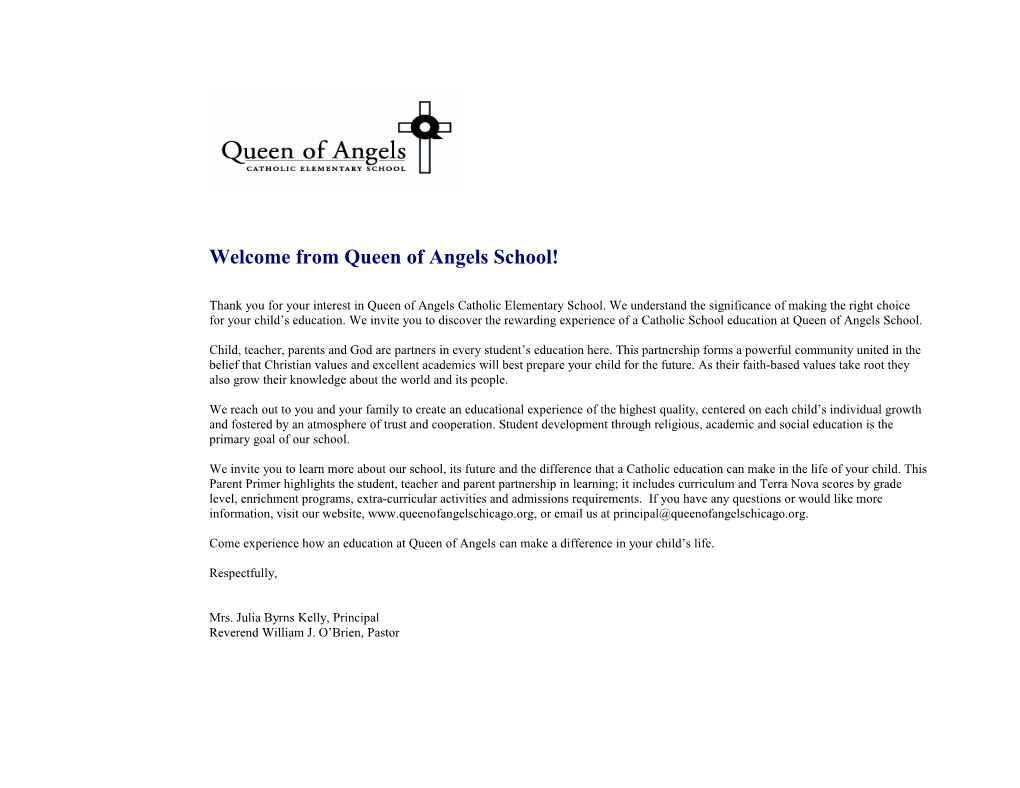 Welcome from Queen of Angels School!
