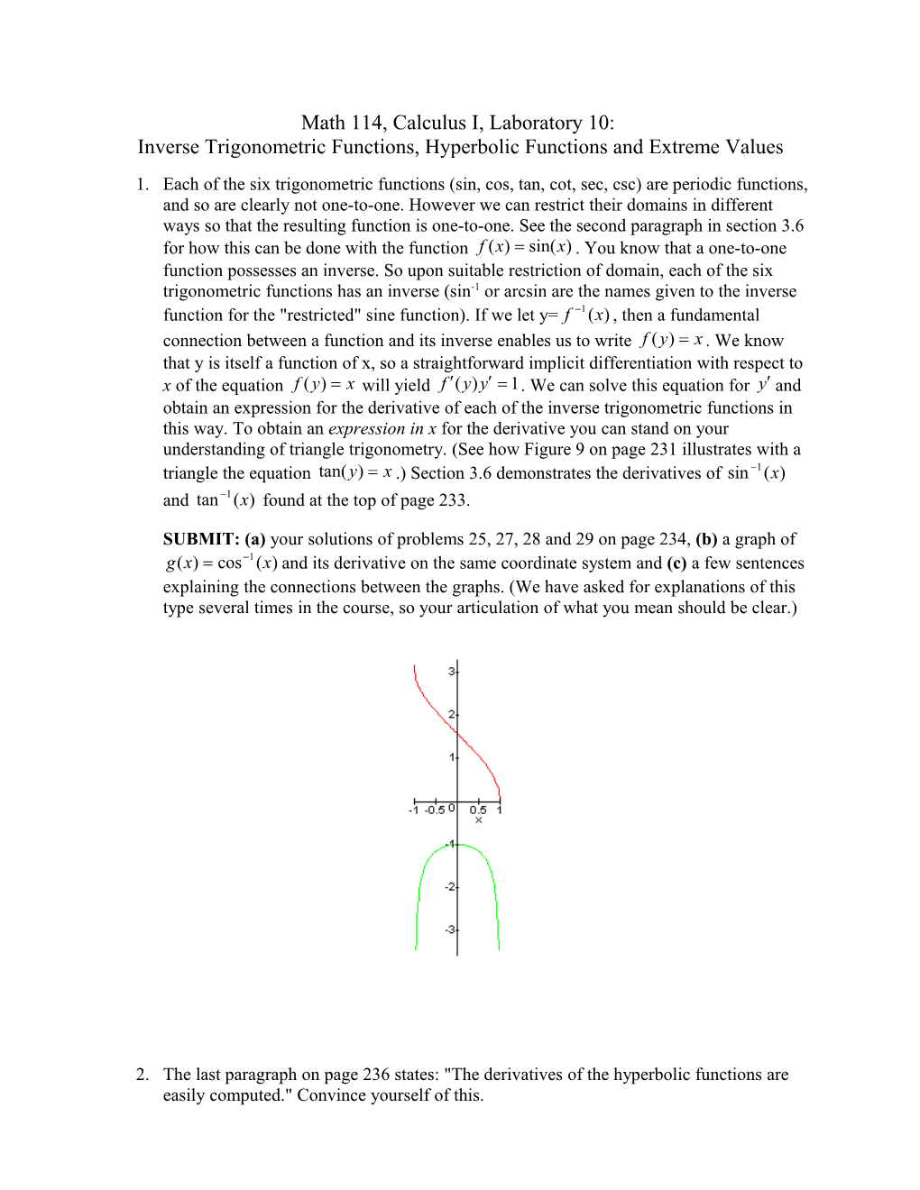 Math 114, Calculus I, Laboratory 10: Inverse Trigonometric Functions, Hyperbolic Functions