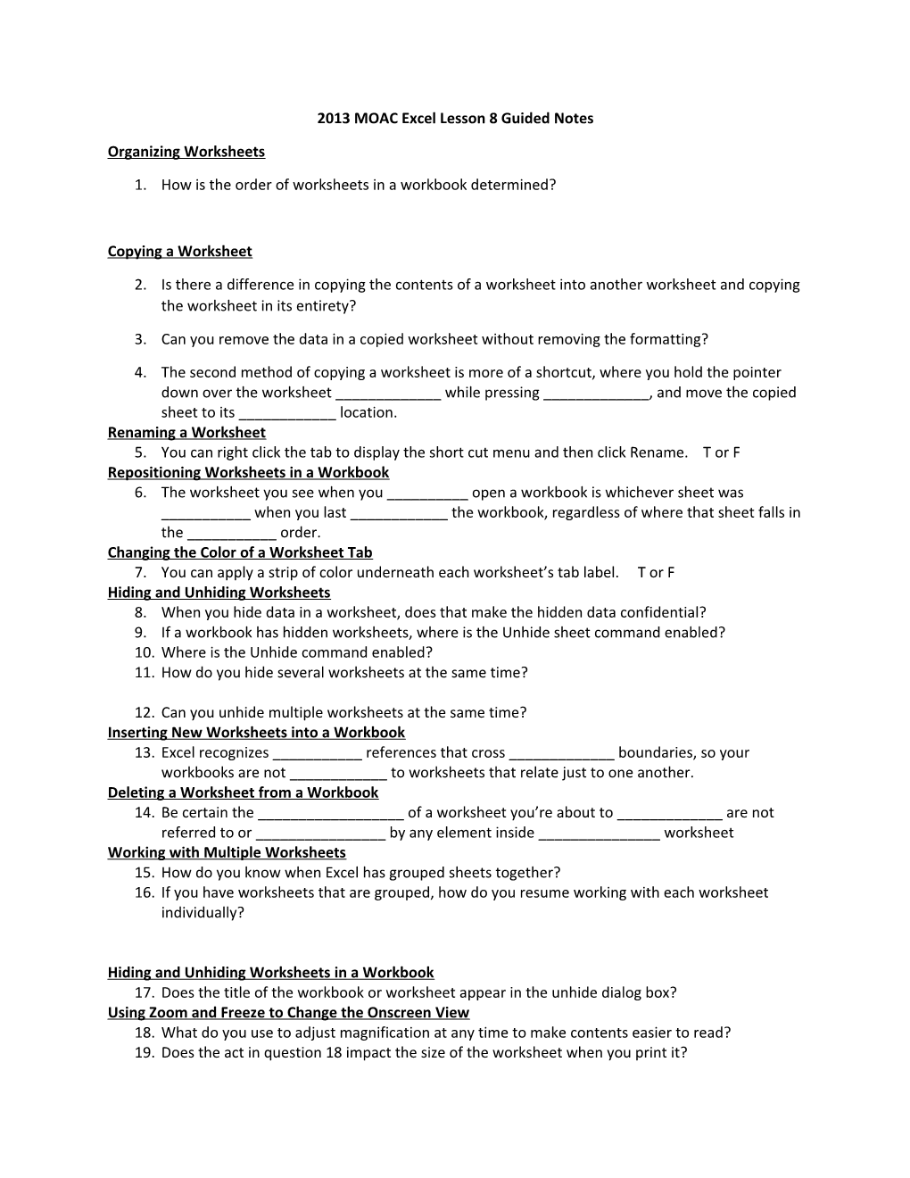 2013 MOAC Excel Lesson 8 Guided Notes