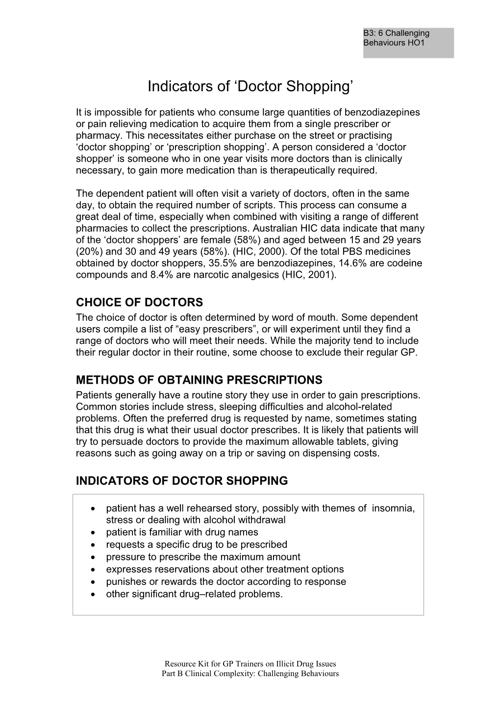 Indicators of Doctor Shopping
