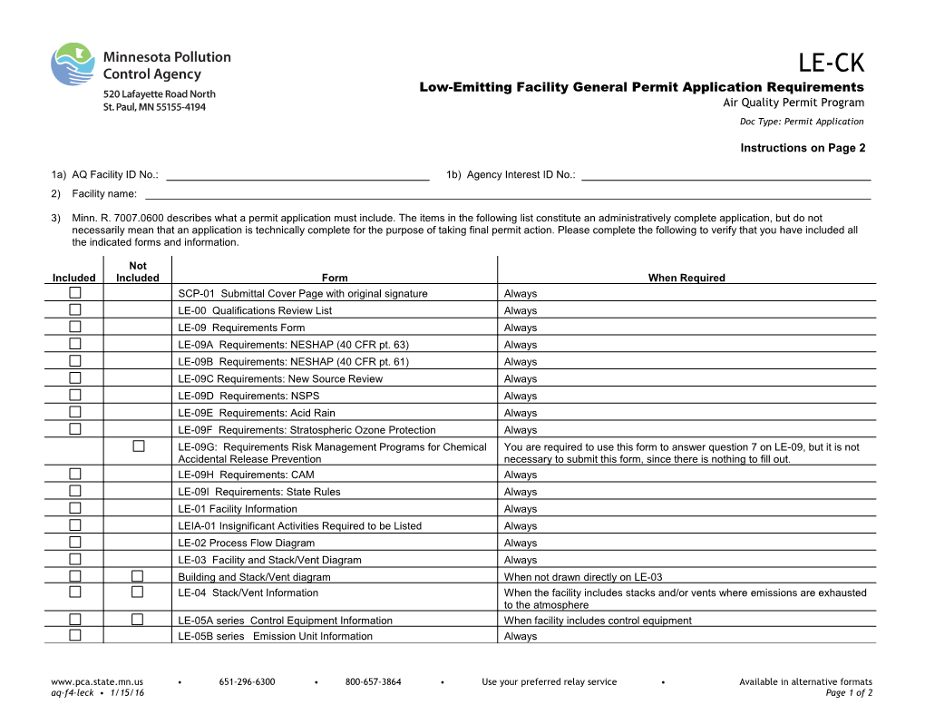 LE-CK Low Emitting Facility General Permit Application Requirements - Air Quality Permit