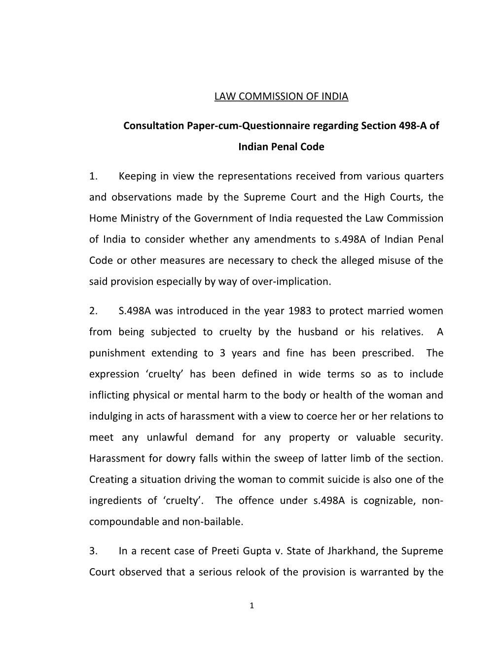 Consultation Paper-Cum-Questionnaire Regarding Section 498-A of Indian Penal Code
