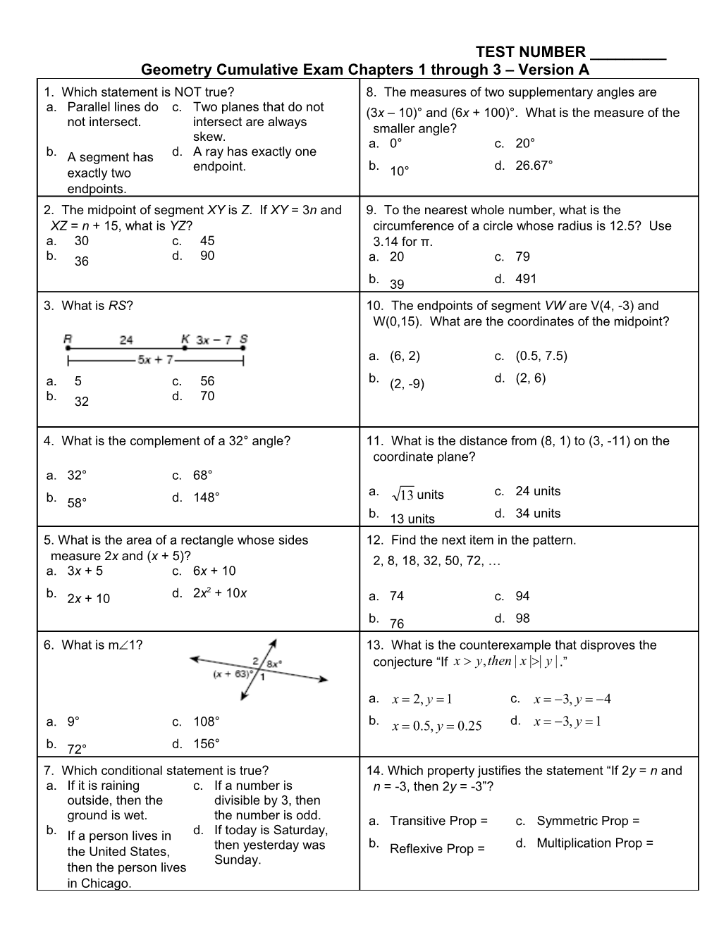 Geometry Cumulative Exam Chapters 1 Through 3 Version A