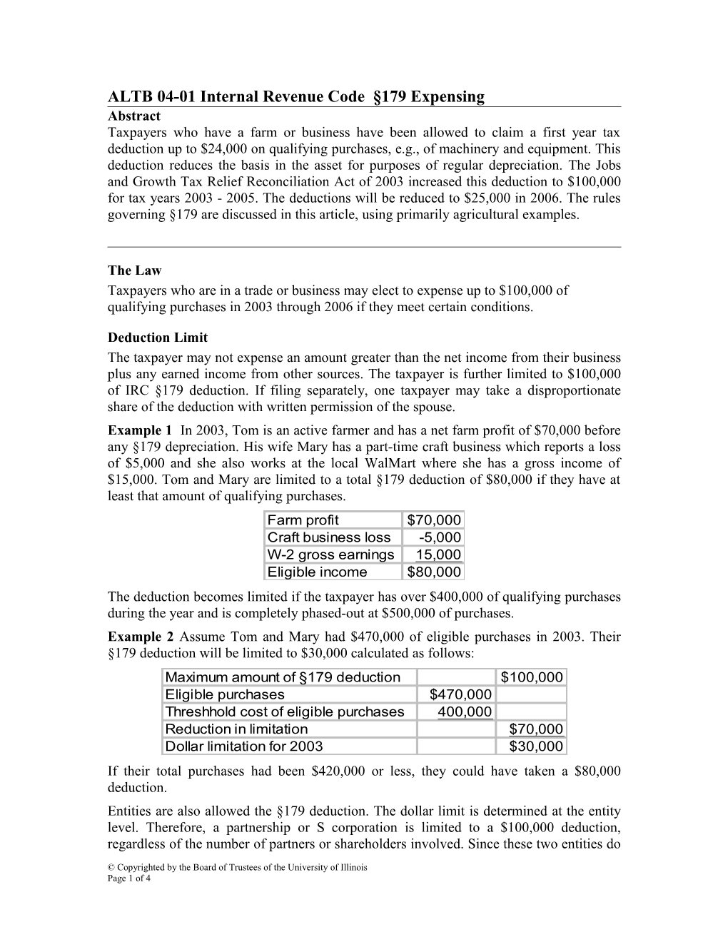 ALTB 04-01 Internalrevenuecode 179 Expensing