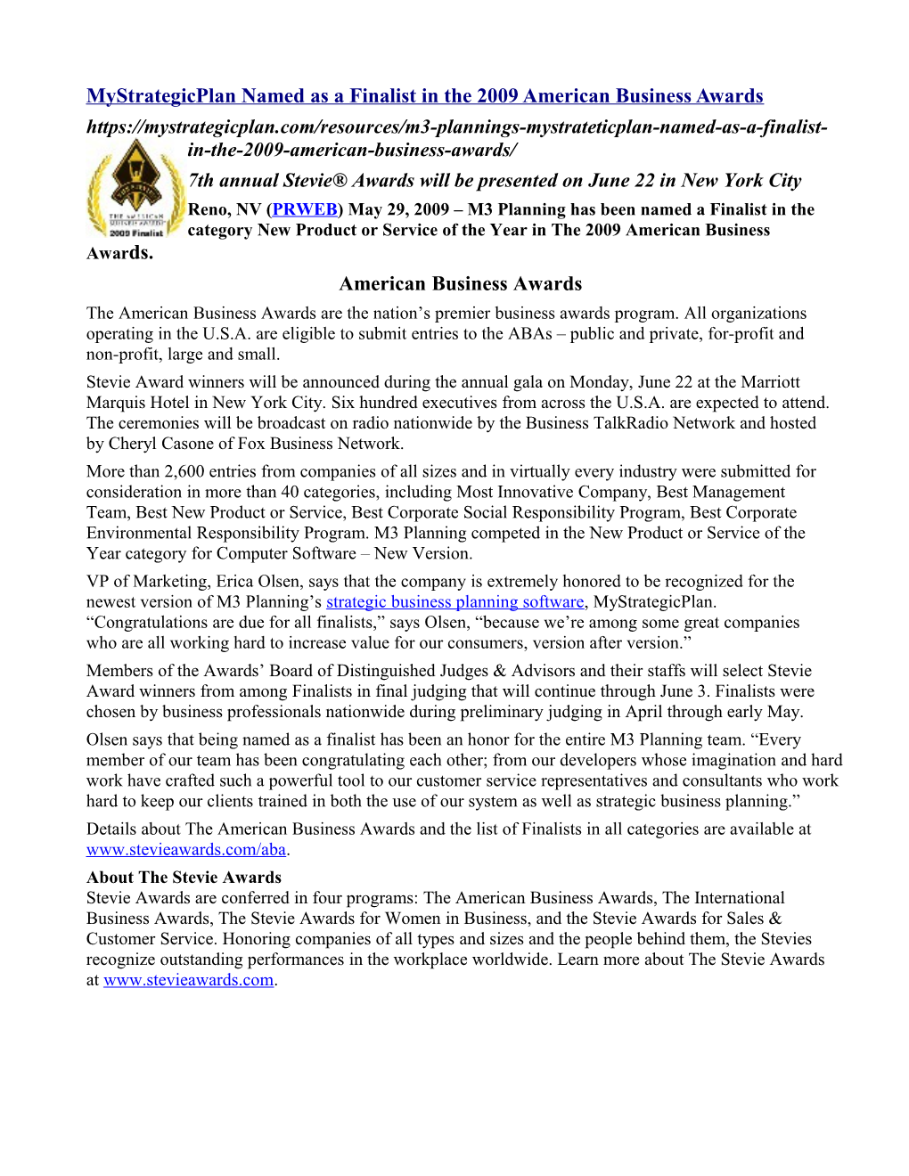 Mystrategicplan Named As a Finalist in the 2009 American Business Awards