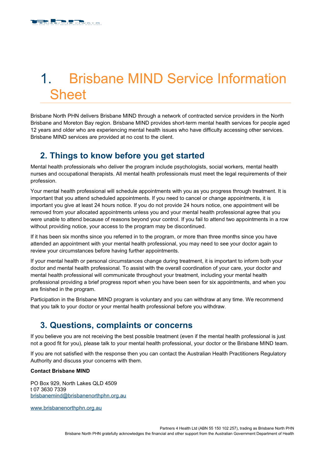 Brisbane MIND Service Information Sheet