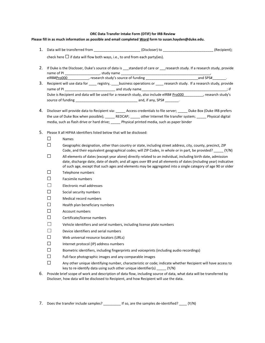 ORC Data Transfer Intake Form (DTIF) for IRB Review