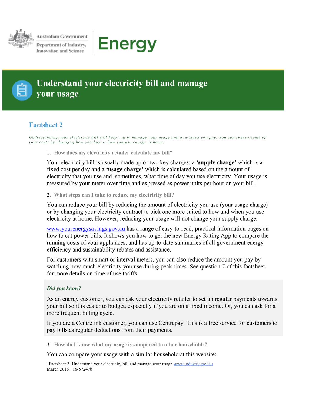 Factsheet 2: Understand Your Electricity Bill and Manage Your Usage