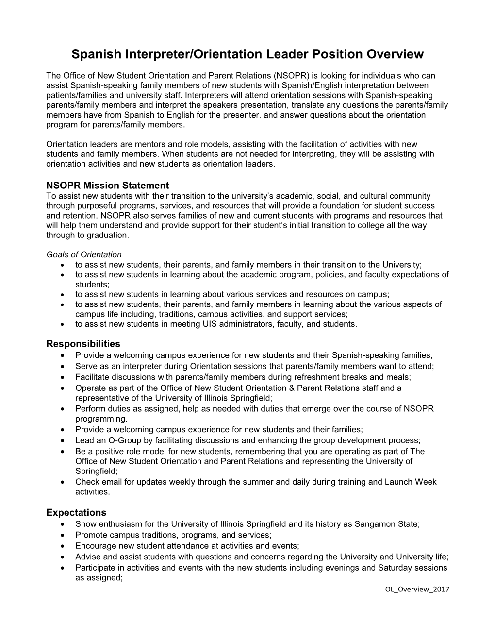 Spanish Interpreter/Orientation Leader Position Overview