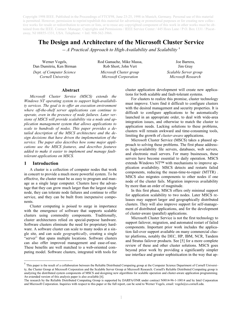 The Design and Architecture of the Microsoft Cluster Service