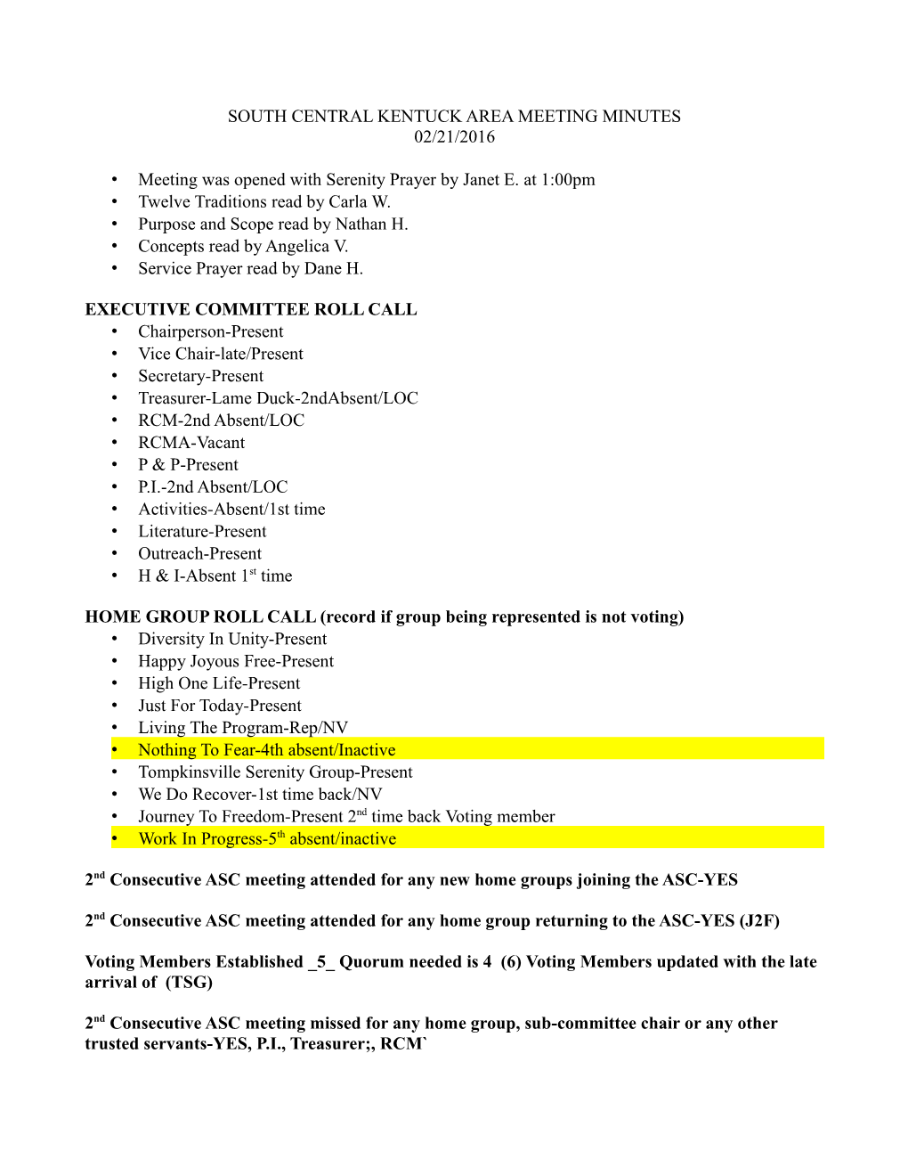 South Central Kentuck Area Meeting Minutes