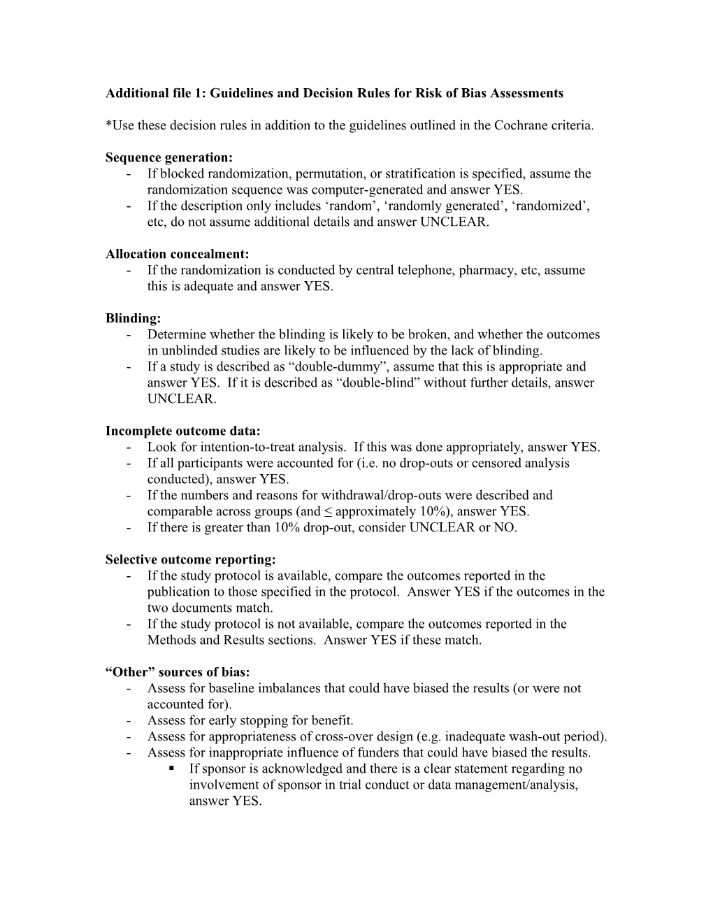 Additional File 1: Guidelines and Decision Rules for Risk of Bias Assessments