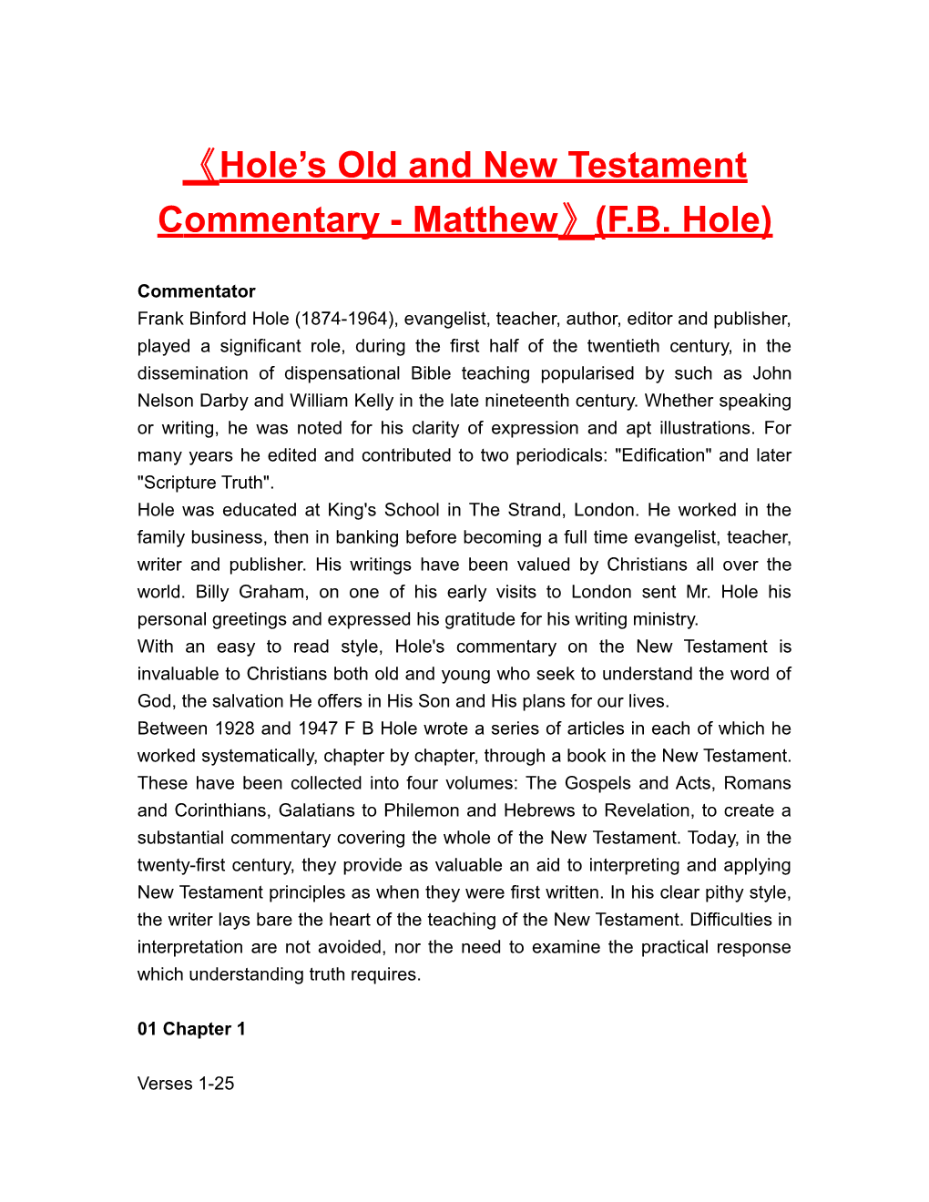 Hole S Old and New Testamentcommentary-Matthew (F.B. Hole)