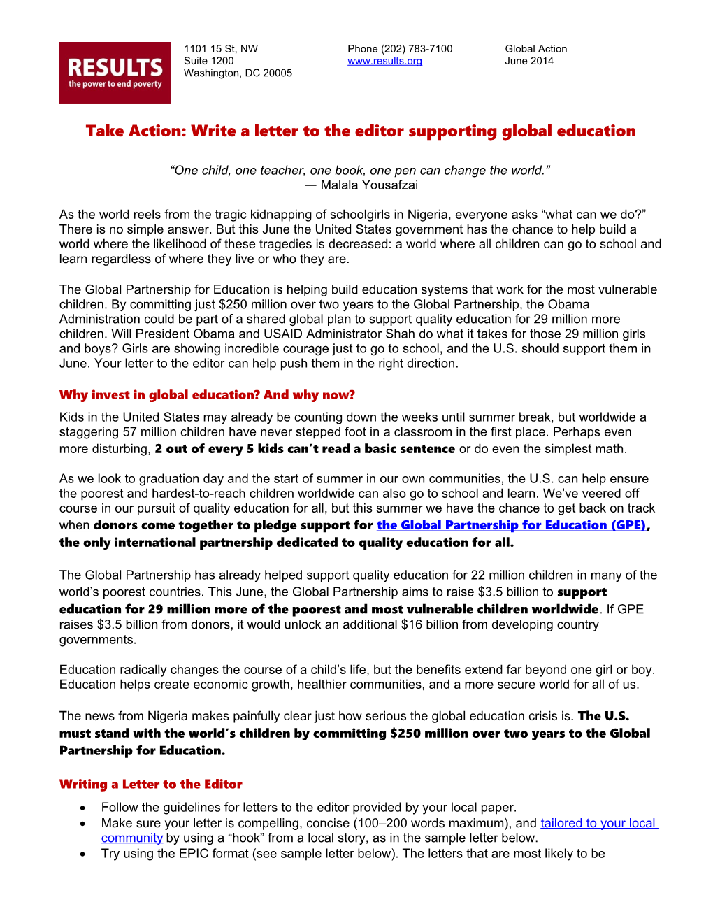 Take Action: Write a Letter to the Editorsupporting Global Education